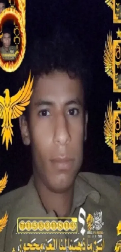 Young man with golden phoenix design overlay on mobile wallpaper.