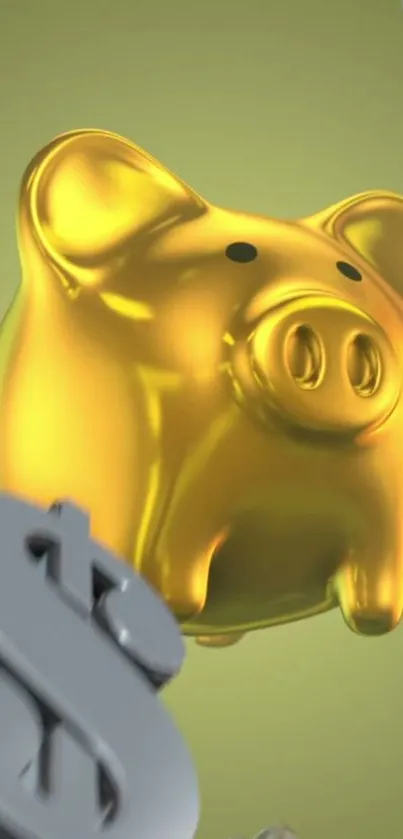 Mobile wallpaper of a golden piggy bank with dollar symbols on a yellow background.