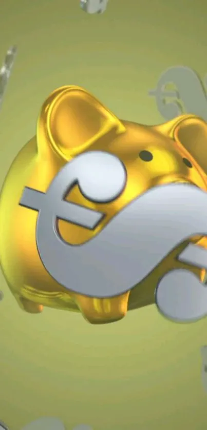 Golden piggy bank with euro symbols on yellow background.