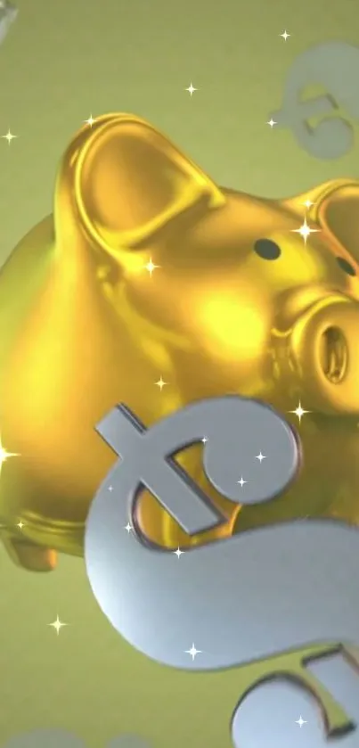 Golden piggy bank with dollar signs and sparkling effect on mobile wallpaper.