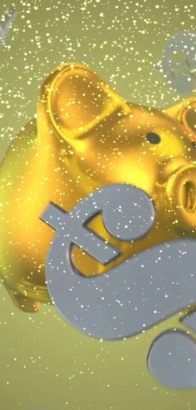 Golden piggy bank with dollar signs and glitter effects on a wallpaper.