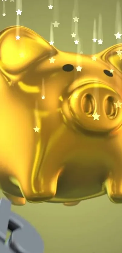 Golden piggy bank with stars on a green background.