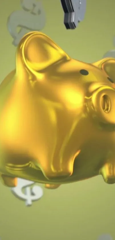 Golden piggy bank with metallic dollar symbols on a vibrant green background.