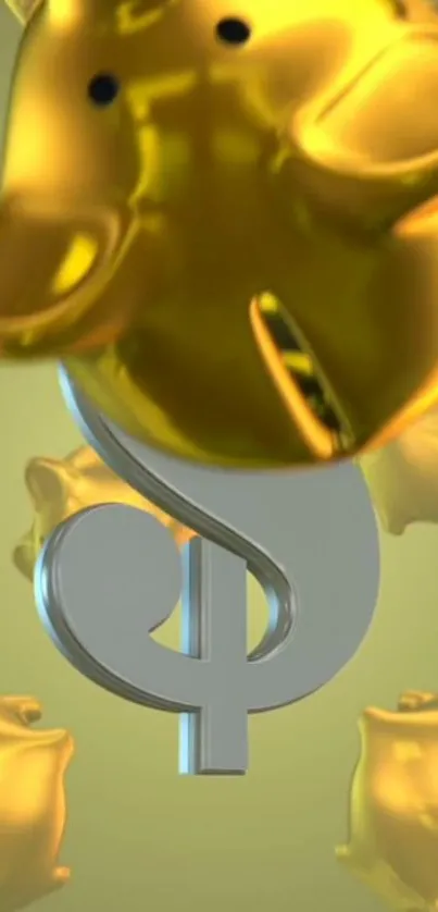 Mobile wallpaper with golden piggy banks and dollar sign on a silver background.