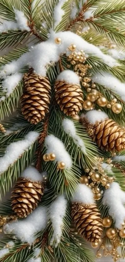 Golden pine cones on snowy pine branches in a festive wallpaper.