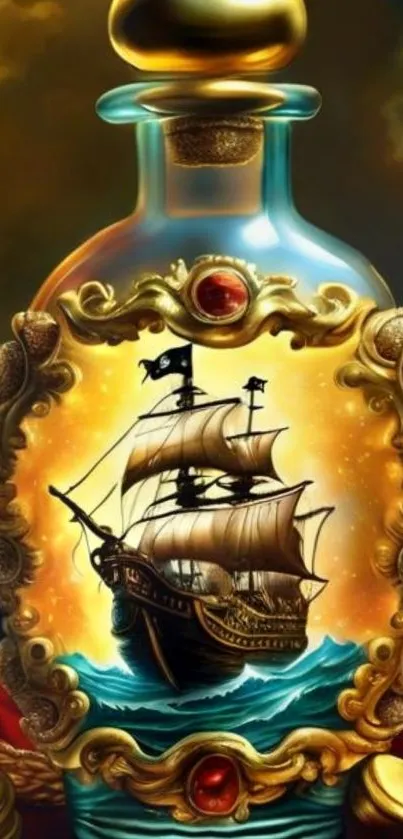 Golden pirate ship encased in an ornate bottle with vibrant colors.