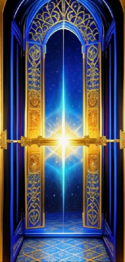 Golden and blue portal wallpaper with starry background.