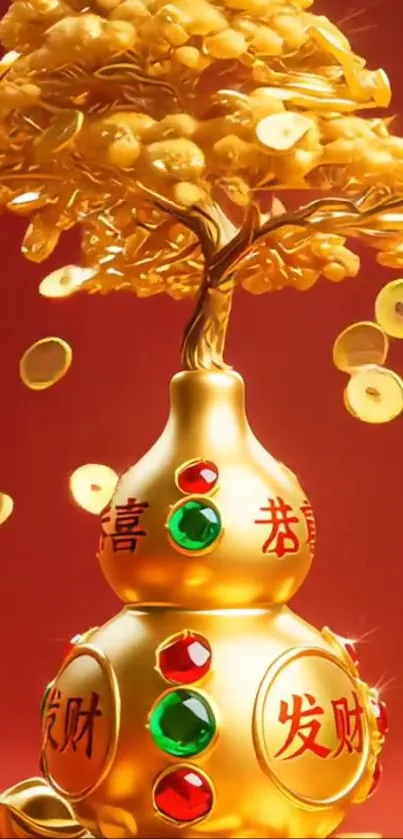 Golden prosperity tree art on red background.