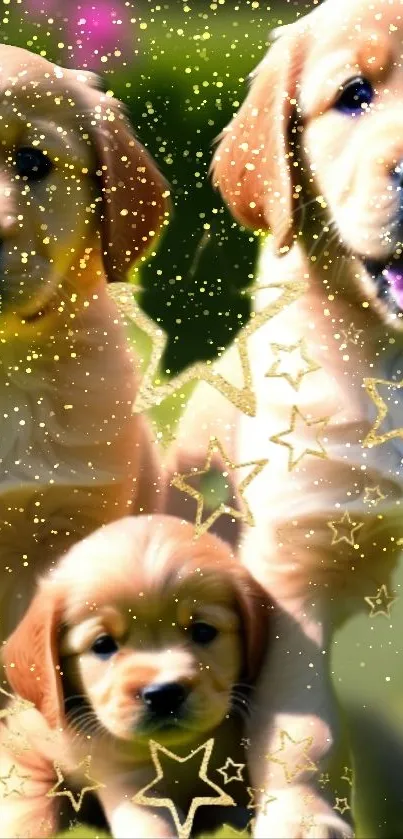 Golden retriever puppies with sparkling stars wallpaper.