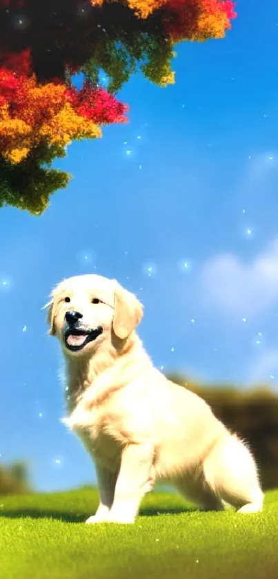 Golden Retriever puppy sits happily under colorful autumn leaves and blue sky.