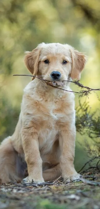 Golden puppy sitting in a lush green forest holding a stick.