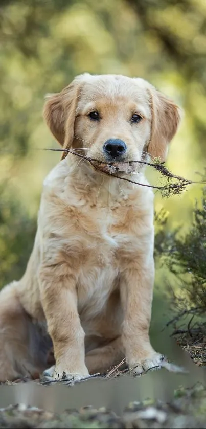 Golden retriever puppy with twig in nature setting.