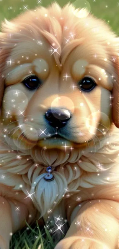 Golden retriever puppy with sparkles on grass background.