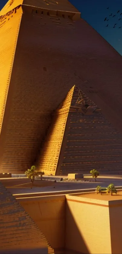 Golden pyramids with sunset hues and tranquil scenery.