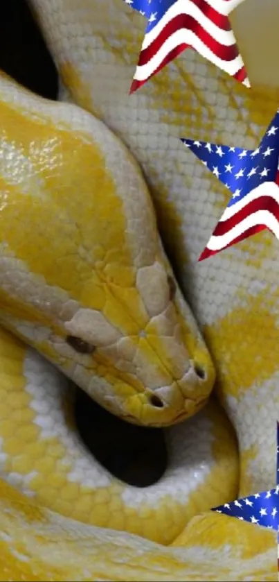 Golden yellow python with American stars overlay on a mobile wallpaper.