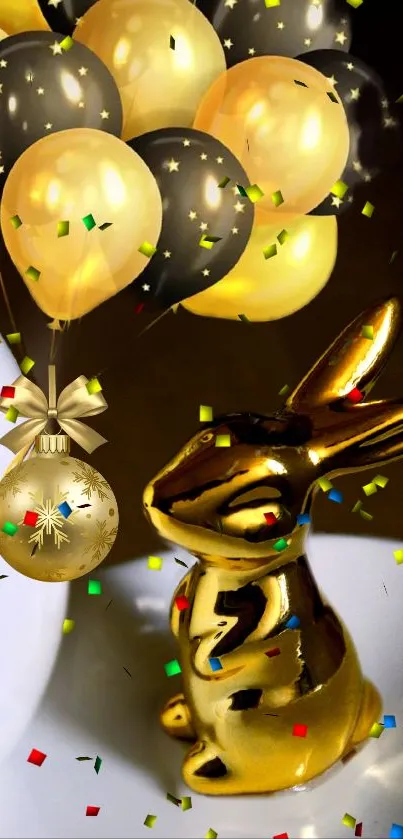 Golden rabbit with black and gold balloons and festive confetti.