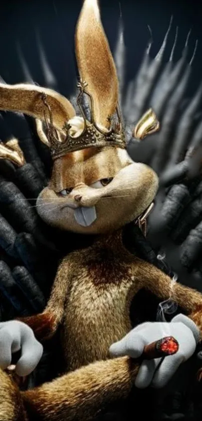 Golden rabbit wearing a crown on a dark throne background.