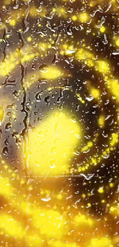 Golden raindrops sparkle on dark background creating a bright swirl pattern.