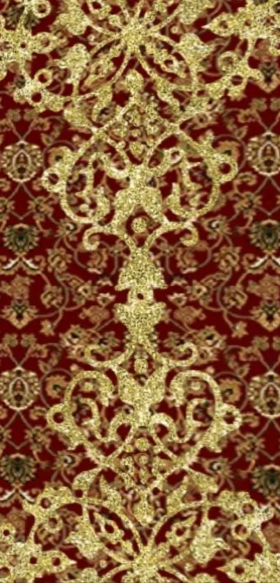 Golden ornate pattern on rich red background wallpaper.