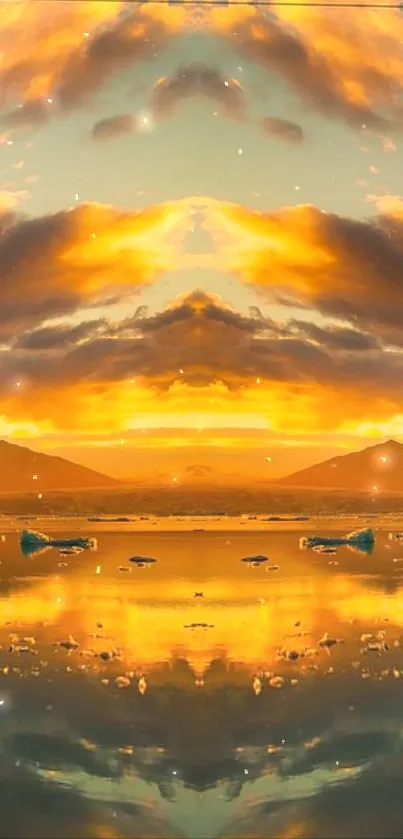 Golden sunset mirrored on a lake with mountains.