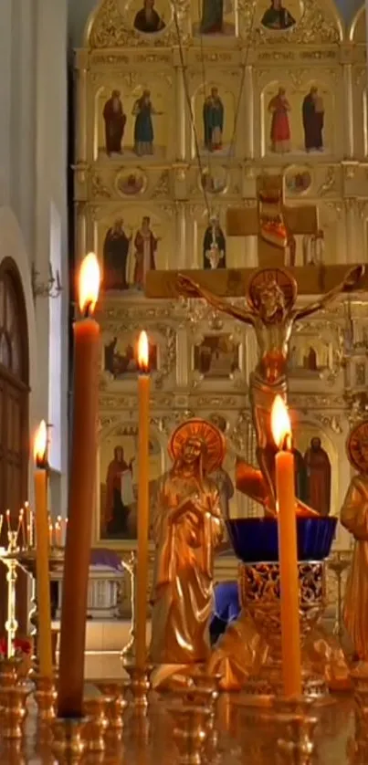 Golden religious scene with candles and icons.