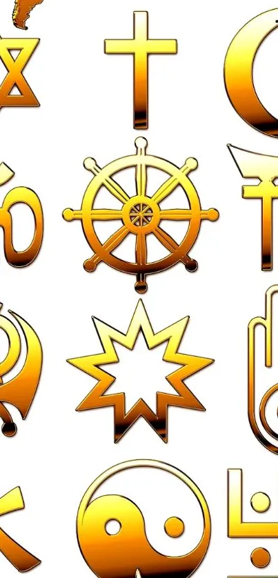 Golden religious symbols with world map on white background.