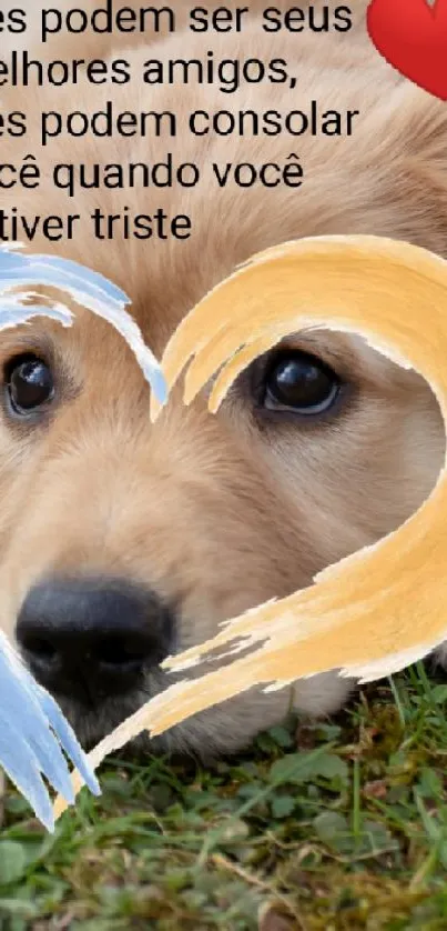 Golden Retriever puppy with a heart-shaped frame on grass.