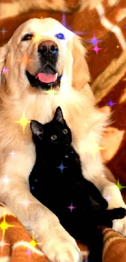 Golden retriever and black cat snuggling on a patterned blanket.