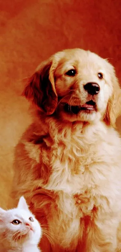 Golden retriever puppy with white kittens, warm background.