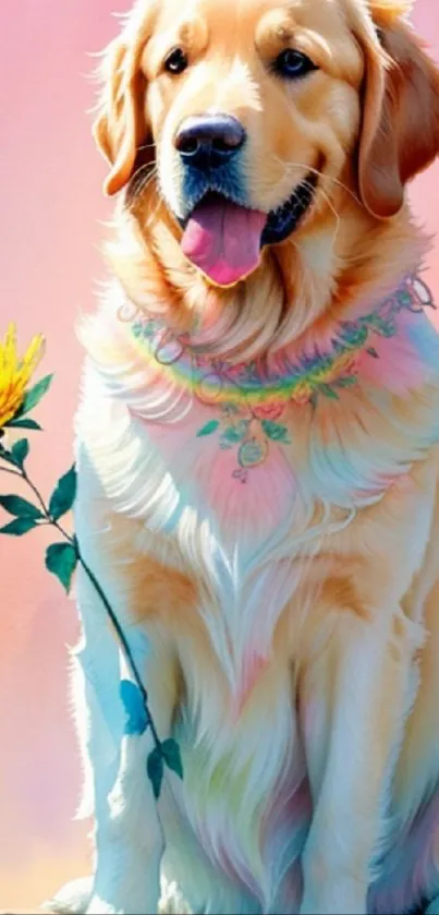 Golden Retriever with sunflower in colorful pastel art.