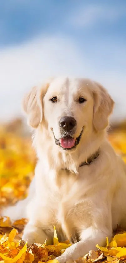 Golden retriever lying on yellow autumn leaves under a blue sky.