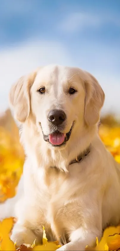 Golden Retriever surrounded by yellow autumn leaves under a blue sky.