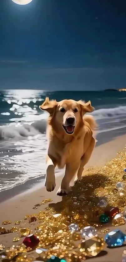 Golden retriever running on a gem-studded beach under the moonlight.