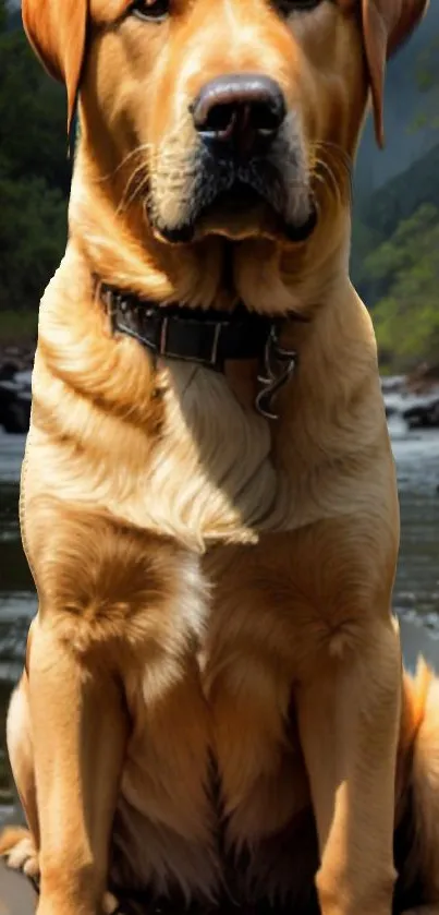 Golden retriever sitting by the riverside, surrounded by nature.