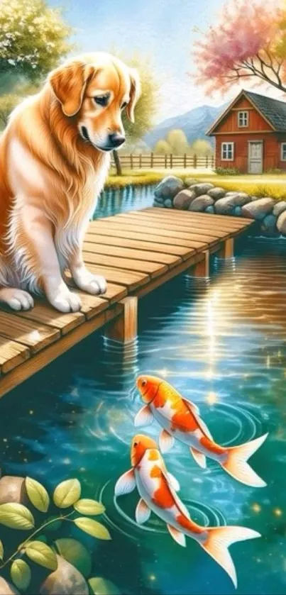 A golden retriever on a pier by a pond with koi fish and a red house.