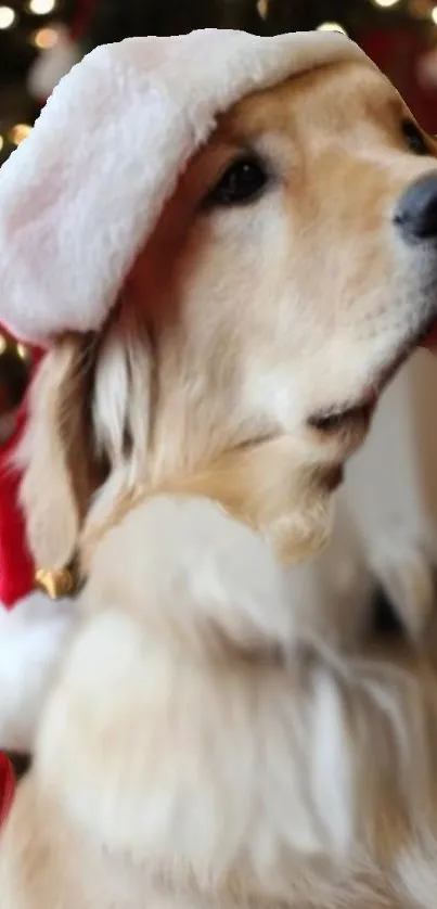 Golden retriever wearing Santa hat in Christmas setting.