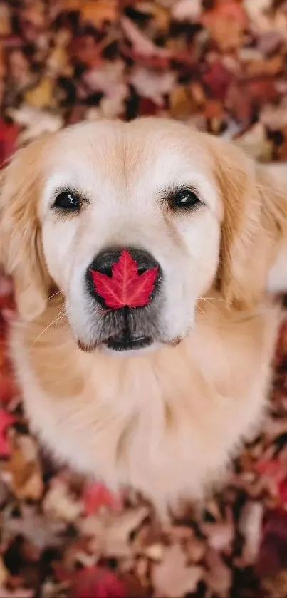 Golden retriever with a maple leaf on nose amidst colorful autumn leaves.