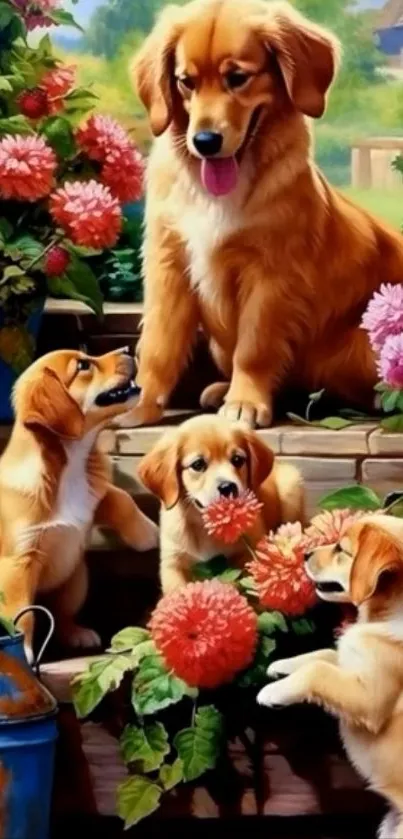 Golden Retrievers with flowers in a garden