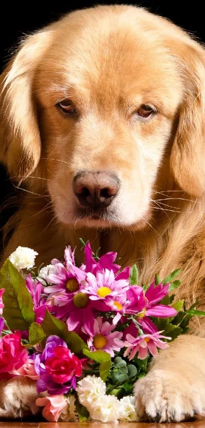 Golden retriever with colorful flowers on a dark background.