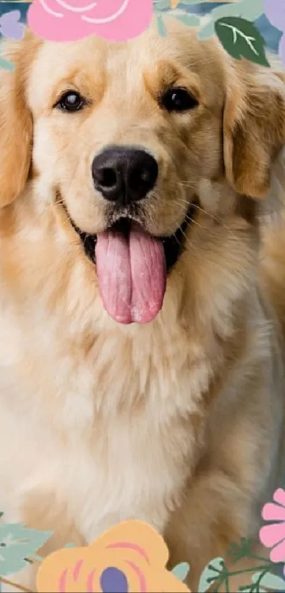 Smiling Golden Retriever with floral border wallpaper.