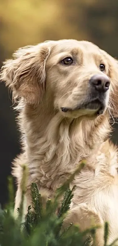 Golden Retriever in a serene forest setting.