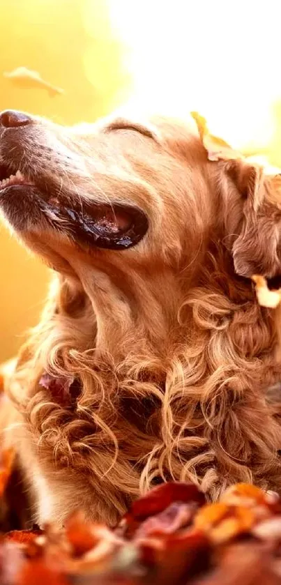 Golden retriever enjoying autumn leaves with a bright smile.