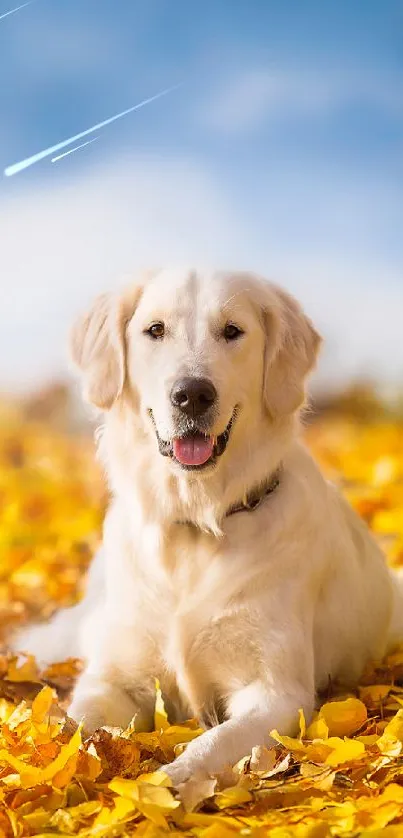 Golden retriever dog lying on autumn leaves with blue sky background.