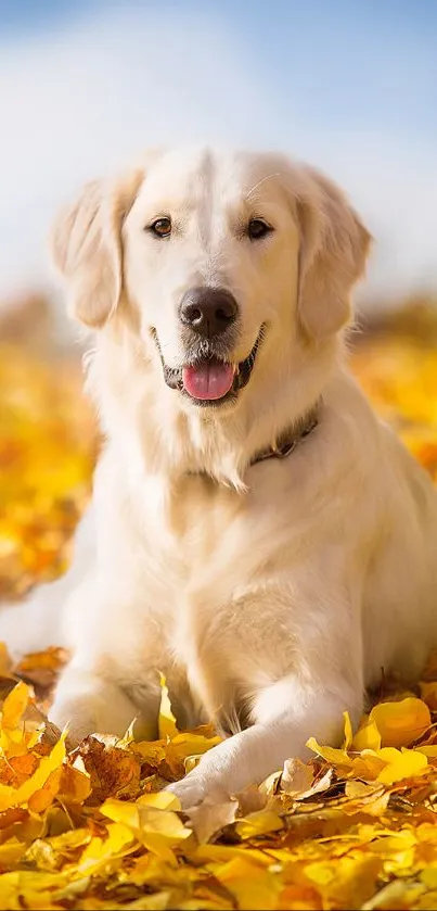 Golden Retriever on yellow autumn leaves with blue sky.