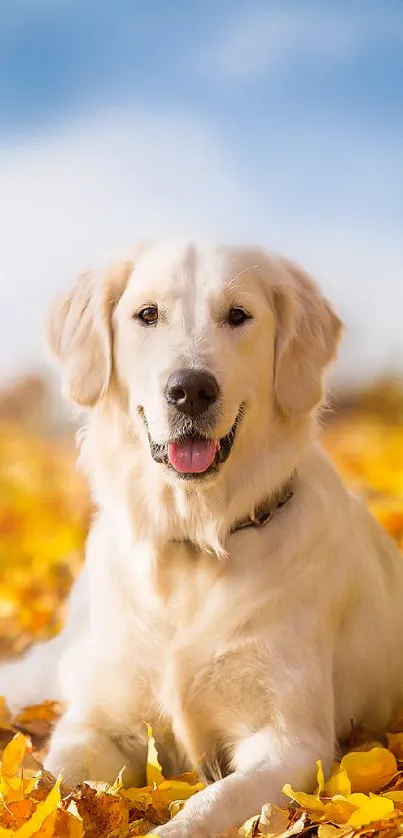 Golden Retriever smiling on yellow autumn leaves.