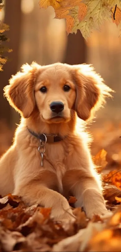 Golden retriever puppy amidst autumn leaves in cozy forest.