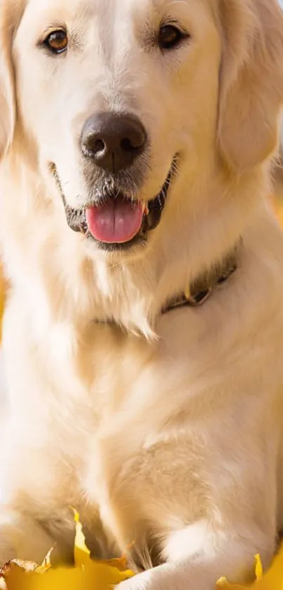 Golden retriever smiling among autumn leaves.