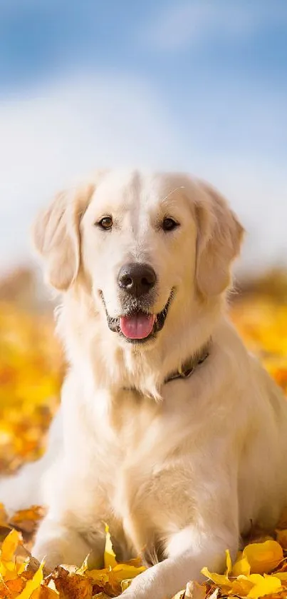 Golden retriever lying on autumn leaves under a blue sky.