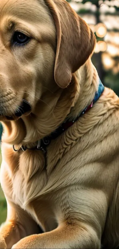 Golden retriever enjoying autumn breeze outdoors with soft evening light.