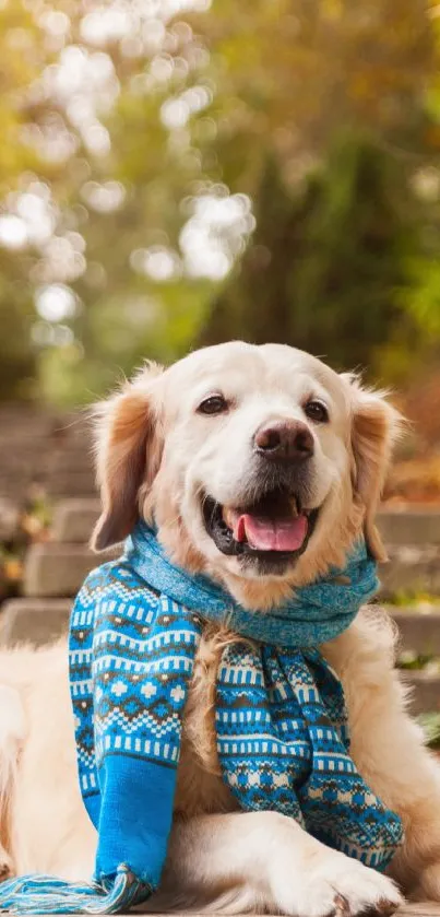 Golden Retriever with blue scarf in autumn setting